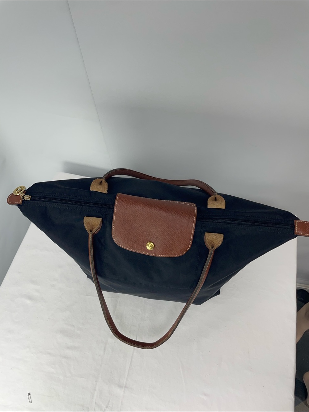 Longchamp Black Nylon Tote with Brown Leather Handles - Picture 8 of 10